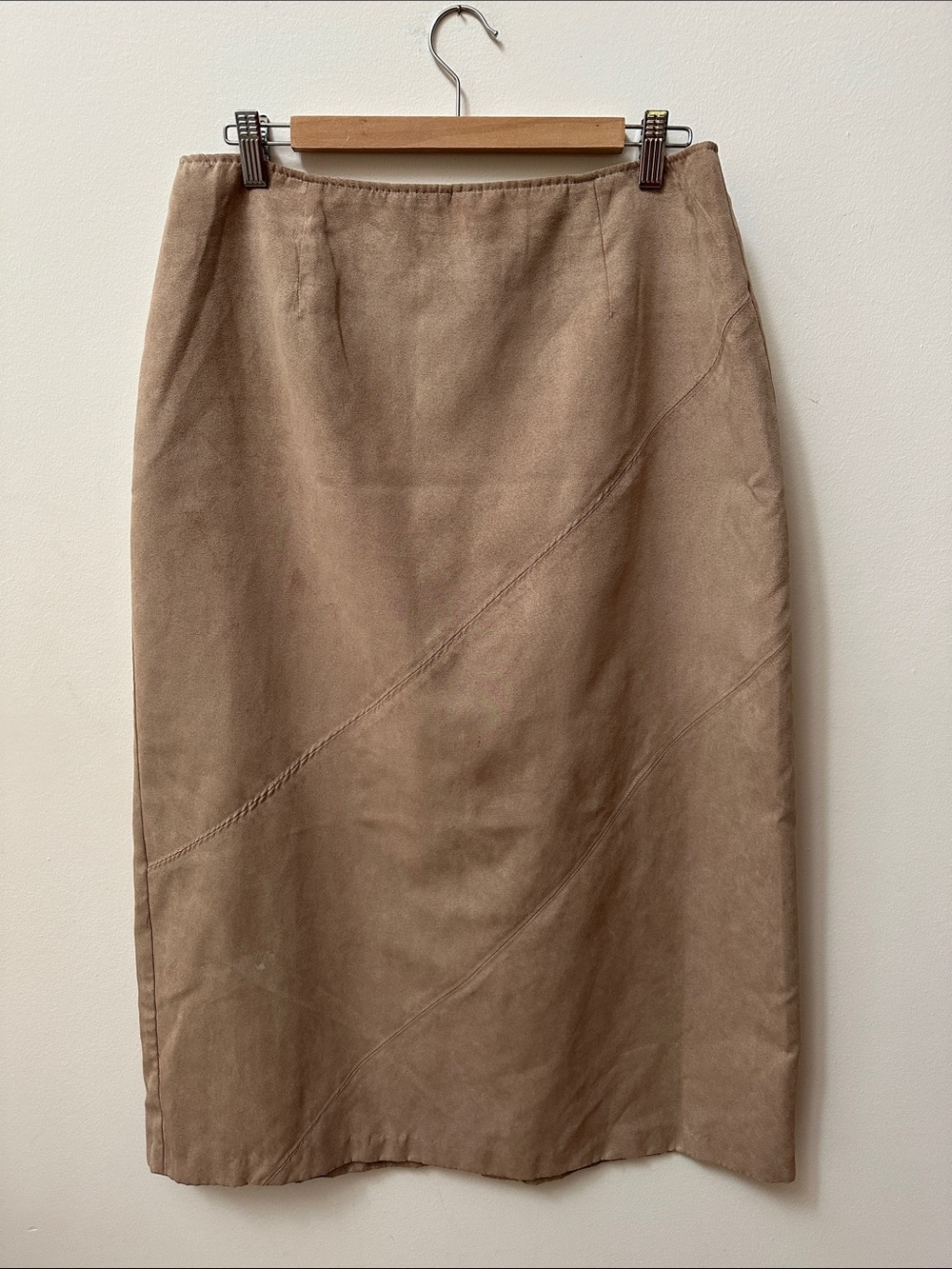 Neutral Tan Midi Skirt with Subtle Panel Stitching